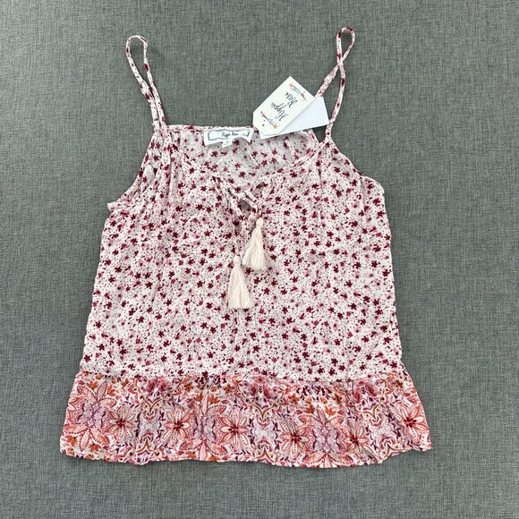 New! Hippie Rose Floral Tank Top Relaxed Fit Tassel Tie Medium‎ Juniors Rayon - Picture 2 of 11